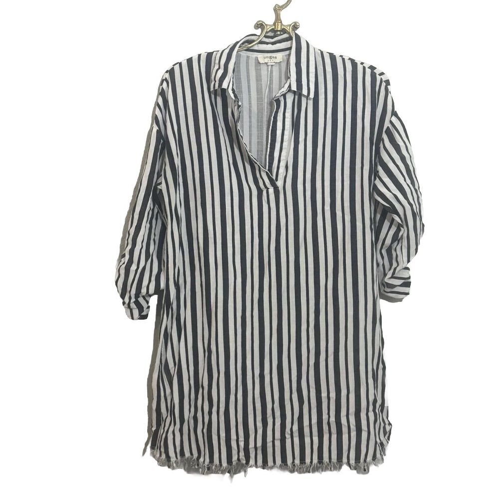 Umgee Black White Stripe Raw Hem Coastal Cowgirl Festival Shirt Dress Small